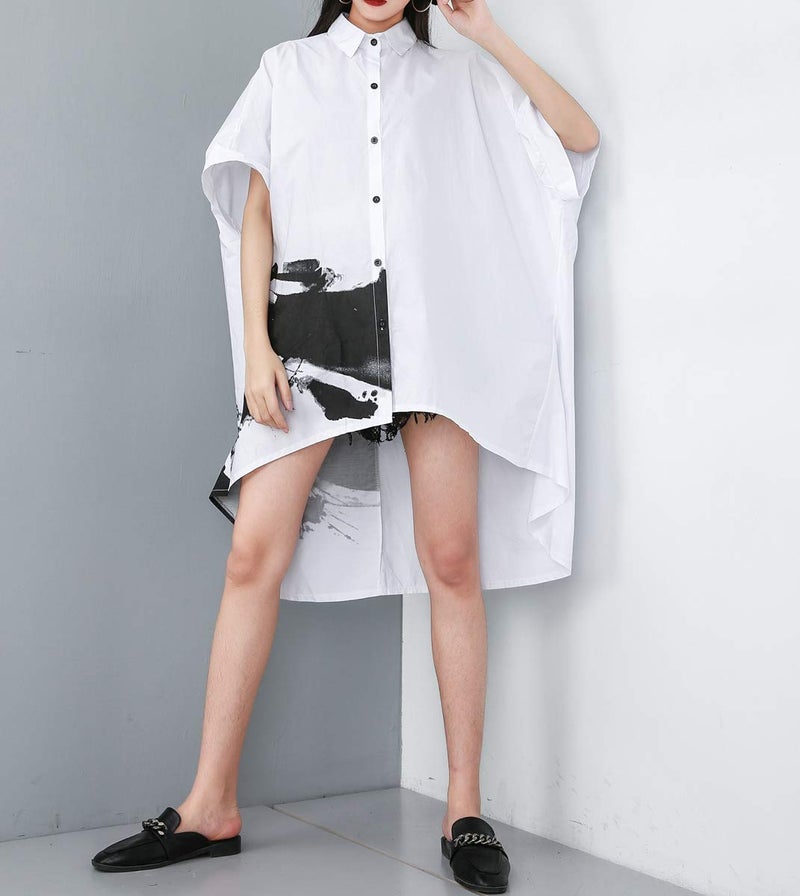 ellazhu Women's Oversized Button Down Shirt Dresses Batwing Sleeves High Low Top for Summer GY1827 White - Image 4